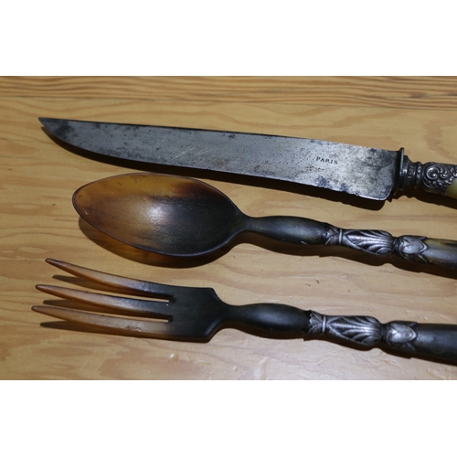 739 - Set of antique French horn salad servers along with bone handle carving knife (3)