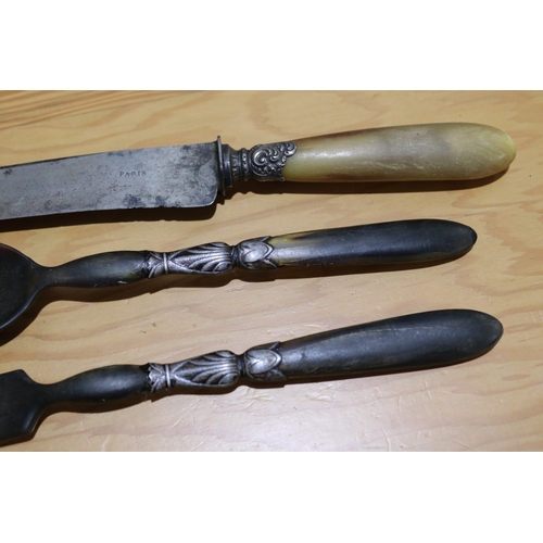 739 - Set of antique French horn salad servers along with bone handle carving knife (3)