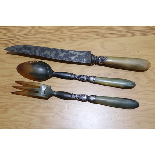 739 - Set of antique French horn salad servers along with bone handle carving knife (3)