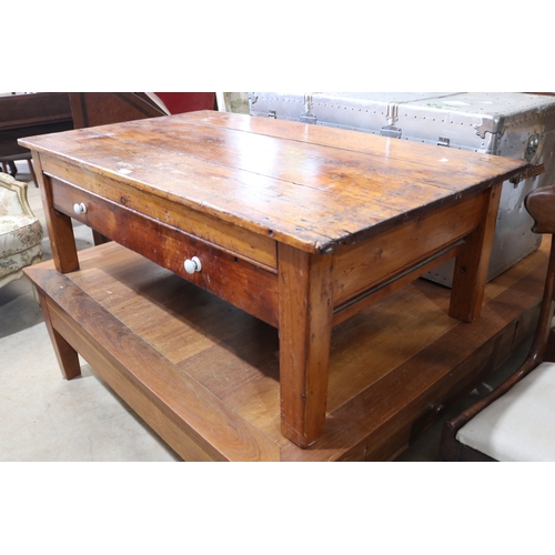 157 - Antique cut down pine country table / coffee table, approx 44cm H x 130cm W x 76cm D