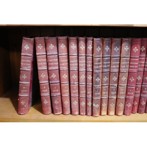 266 - Good set of antique French books, red leather spines & corners, marbled end boards, titled Lectures ... 