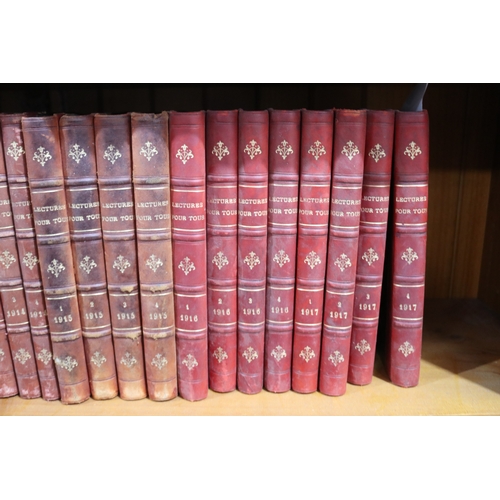 266 - Good set of antique French books, red leather spines & corners, marbled end boards, titled Lectures ... 