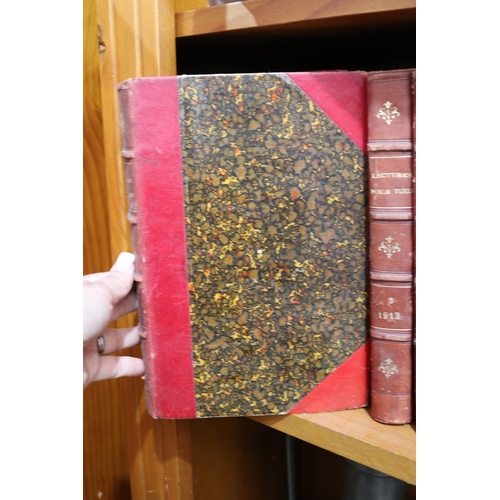 266 - Good set of antique French books, red leather spines & corners, marbled end boards, titled Lectures ... 