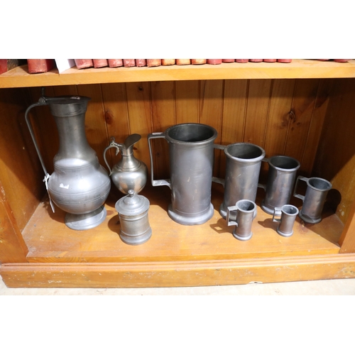 267 - Assortment of large antique French pewter to include measures, pitcher, cannister, etc, approx 37cm ... 