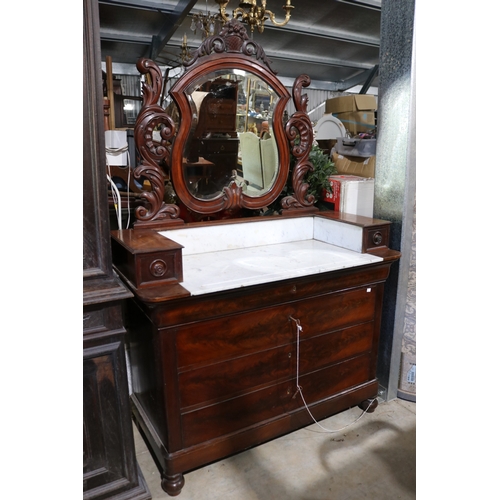 383 - Antique French mirrored back marble set topped washstand, approx 190cm H x 122cm W x 56cm D