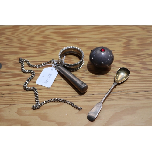 750 - Assortment of silver to include napkin ring, mustard spoon, schroot holder on chain and a modern tri... 