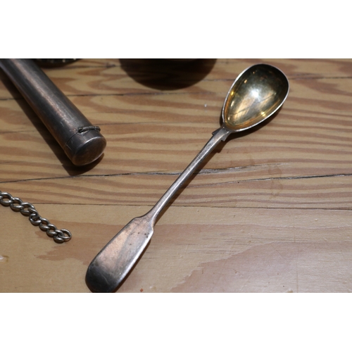 750 - Assortment of silver to include napkin ring, mustard spoon, schroot holder on chain and a modern tri... 