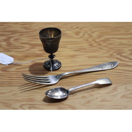 761 - Silver teaspoon, fork and a kiddush cup (3)