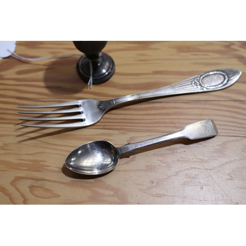 761 - Silver teaspoon, fork and a kiddush cup (3)