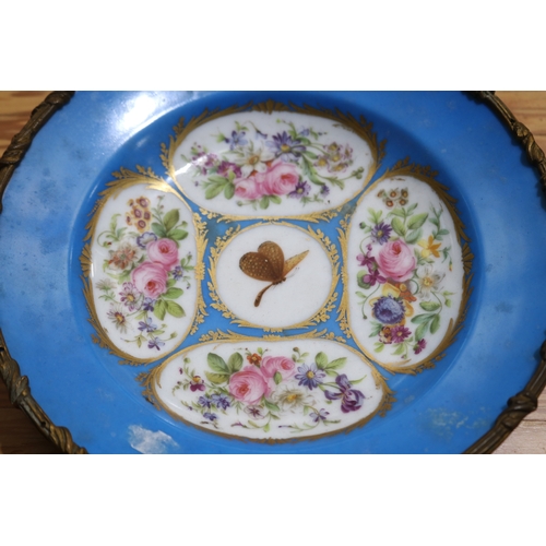 787 - Antique French blue ground plate with floral cartouches and a butterfly to centre, with bronze mount... 
