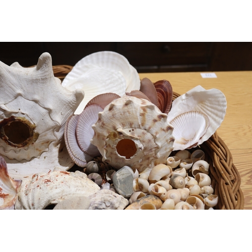 792 - Large circular cane basket of sea shells