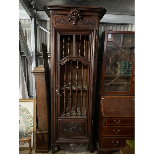 47 - Tall antique French single door armoire, spindle rack to the door, well carved shaped front apron, c... 