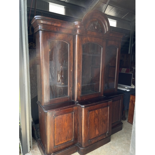 822 - Antique late Victorian mahogany break front three door two height bookcase, approx 236cm H at center... 