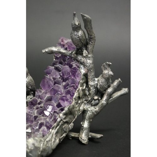 12 - Australian motif pewter sculpture of Gallahs on branches mounted to a  amethyst crystal section base... 