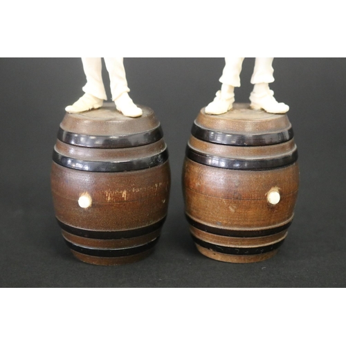 2 - Pair of antique 19th century French carved ivory musical figures standing on turned wood barrels. Ap... 