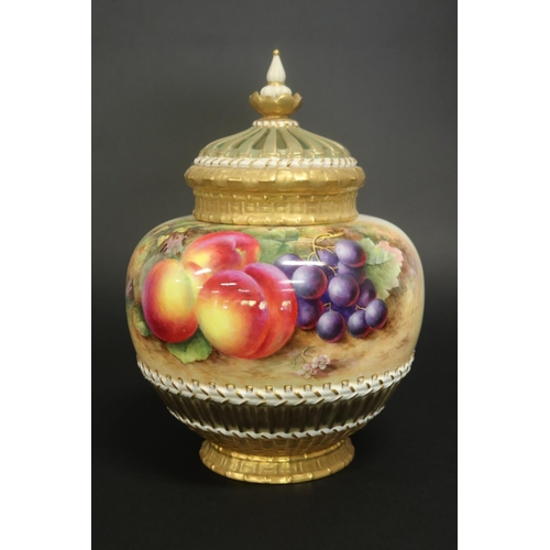Large Royal Worcester pot-pourri vase, liner & cover of oviform, painted with fruit against a mossy ground, signed by H. Ayrton. Dated 1958, black mark to base. Approx 25cm H