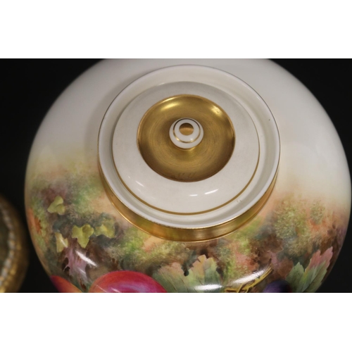 41 - Large Royal Worcester pot-pourri vase, liner & cover of oviform, painted with fruit against a mossy ... 