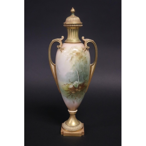 8 - Antique Royal Worcester lidded twin handled vase, front panel showing pheasants & woodlands to rever... 