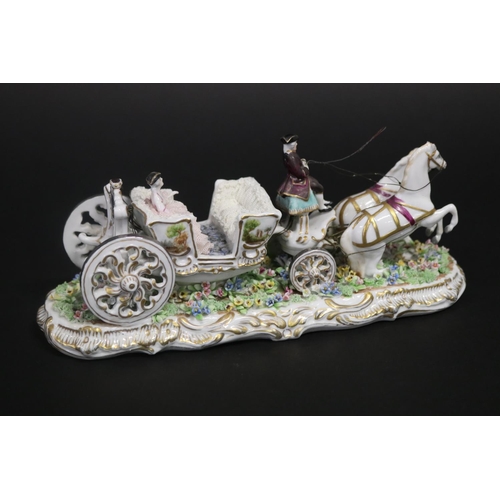 25 - Continental porcelain carriage with horses, signed to base, approx 11cm H x 24cm L