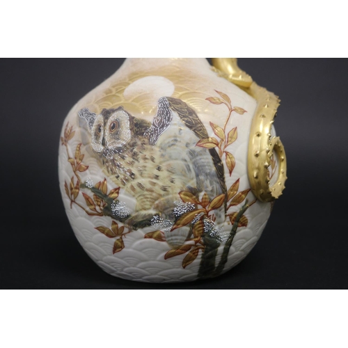 28 - Royal Worcester porcelain ewer with applied gilt dragon handle. Hand painted body with an owl on a b... 