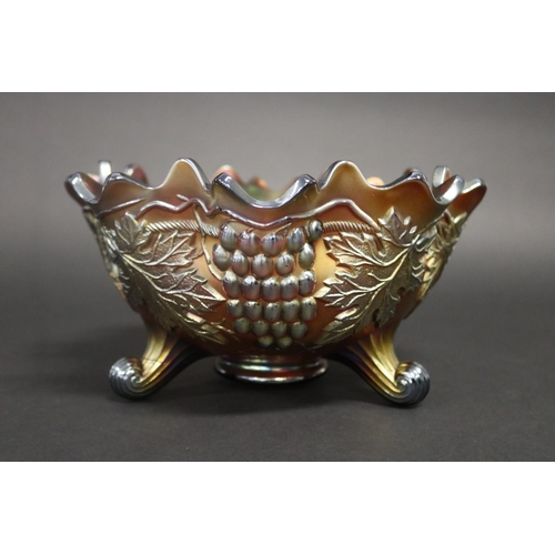 56 - Vintage Northwood amethyst carnival glass footed grape and leaf bowl, approx 14cm H x 25cm Dia