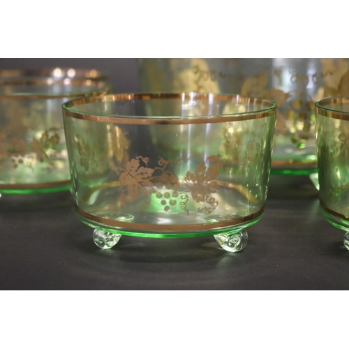 58 - Vintage green glass & gilt highlighted grape and leaf design dessert/ trifle service comprising of s... 