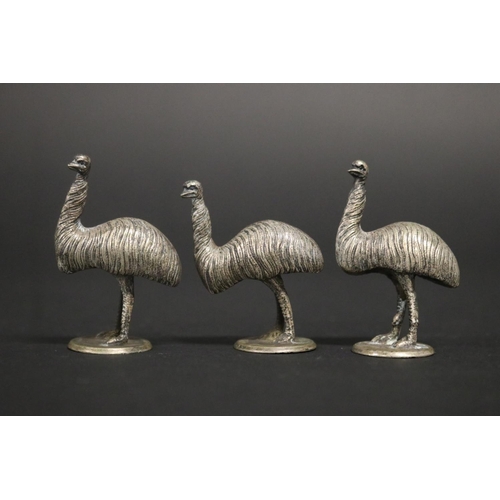 64 - Set of three cast metal emu figures, unmarked, approx 4.5cm H & shorter (3)