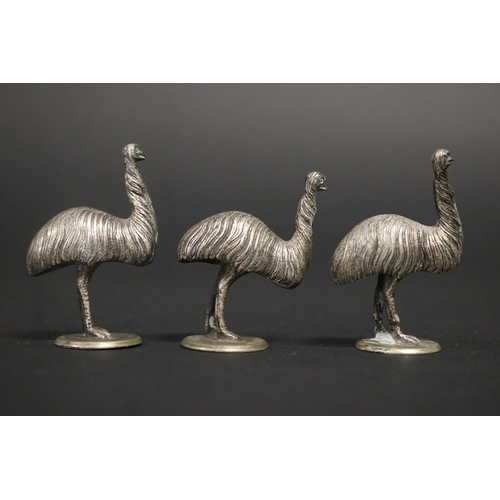 64 - Set of three cast metal emu figures, unmarked, approx 4.5cm H & shorter (3)