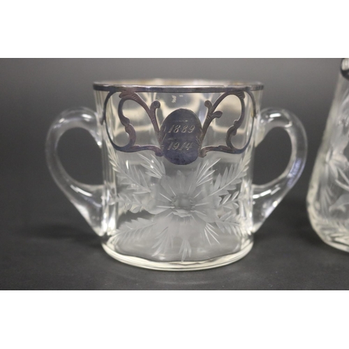 65 - Antique glass milk & twin handled sugar bowl with silver overlay, approx 7cm H & 11cm H (2)
