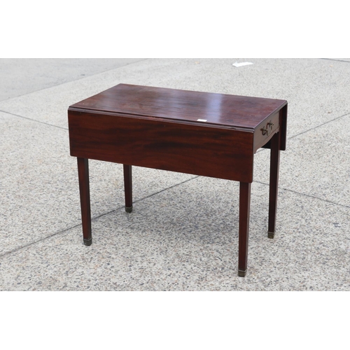 109 - Antique English George III mahogany pembroke table, fitted with a single long drawer, standing on sq... 