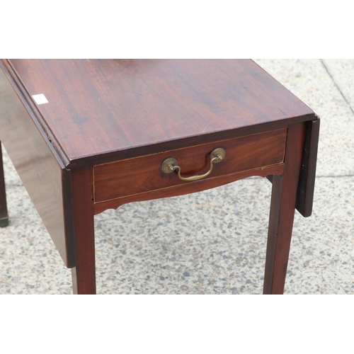 109 - Antique English George III mahogany pembroke table, fitted with a single long drawer, standing on sq... 