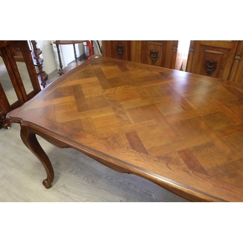 101 - French Louis XV style cherrywood parquetry topped long dining table, approx 76cm H x 148cm W x 100cm... 