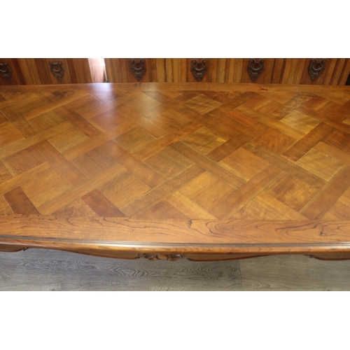 101 - French Louis XV style cherrywood parquetry topped long dining table, approx 76cm H x 148cm W x 100cm... 