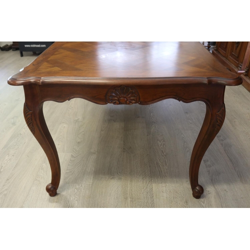 101 - French Louis XV style cherrywood parquetry topped long dining table, approx 76cm H x 148cm W x 100cm... 