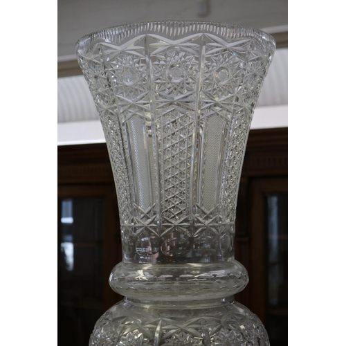 102 - Most impressive large vintage German monumental three piece cut crystal vase, standing on wooden bas... 