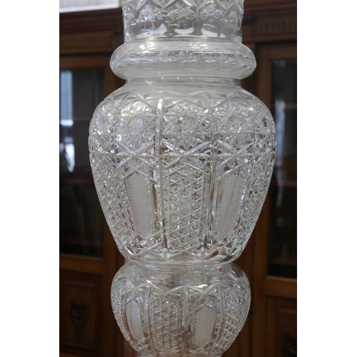 102 - Most impressive large vintage German monumental three piece cut crystal vase, standing on wooden bas... 