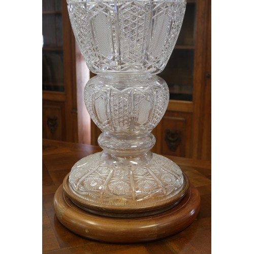 102 - Most impressive large vintage German monumental three piece cut crystal vase, standing on wooden bas... 