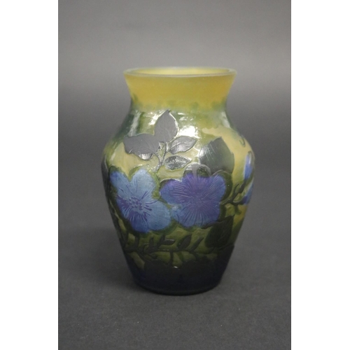 67 - Gallé style blue & yellow ground vase, signed, approx 11.5cm H