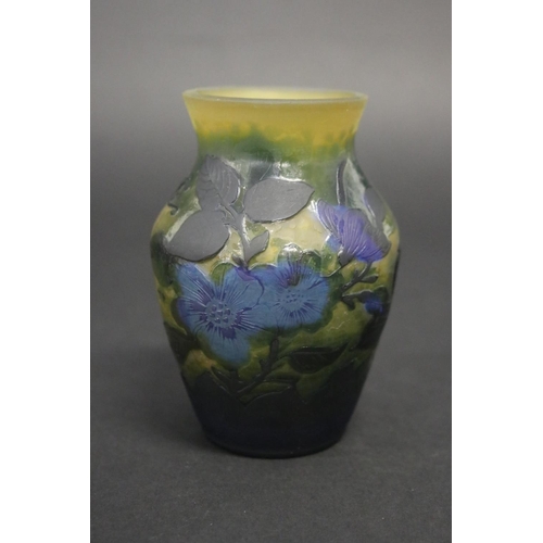 67 - Gallé style blue & yellow ground vase, signed, approx 11.5cm H