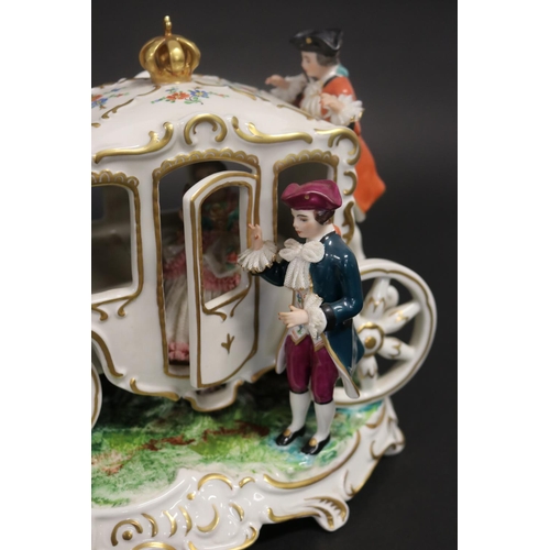 69 - Continental porcelain carriage & horses, with figures, marked to base. Approx 22cm H x 41cm L