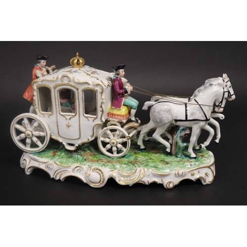 69 - Continental porcelain carriage & horses, with figures, marked to base. Approx 22cm H x 41cm L