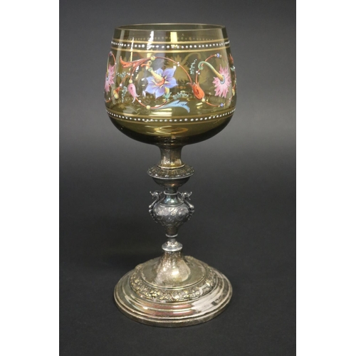 71 - Moser green glass goblet, with hand painted enamel work, base marked WMF, approx 24cm H