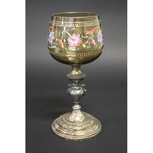71 - Moser green glass goblet, with hand painted enamel work, base marked WMF, approx 24cm H