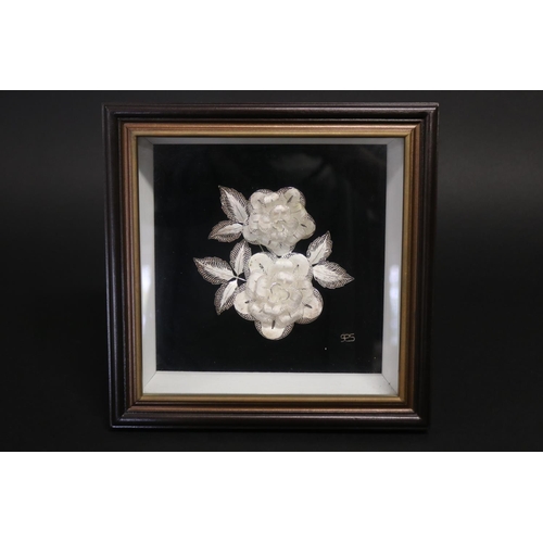 75 - Framed silver floral filigree display, 925, approx 23cm sq