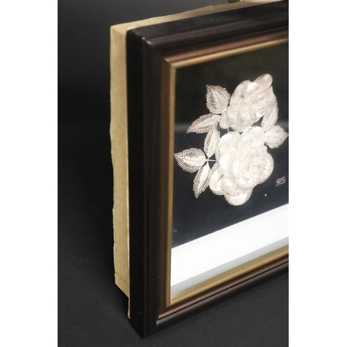 75 - Framed silver floral filigree display, 925, approx 23cm sq