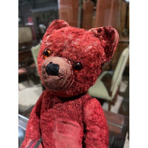 782 - Vintage red plush teddy, much loved