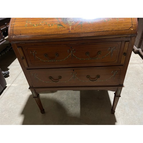 112 - Antique satinwood bureau, hand painted decoration, approx 120cm H x 74cm W x 42cm D