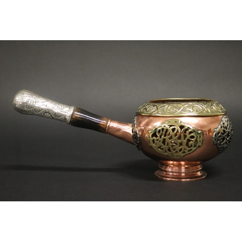 154 - Incense burner, with single wooden handle, brass & copper worked, approx 11cm H x 29cm L