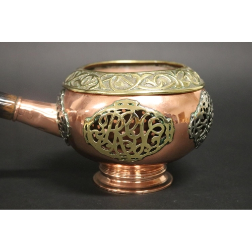 154 - Incense burner, with single wooden handle, brass & copper worked, approx 11cm H x 29cm L