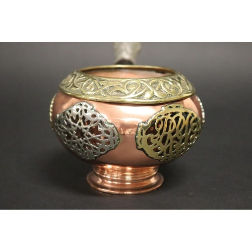 154 - Incense burner, with single wooden handle, brass & copper worked, approx 11cm H x 29cm L